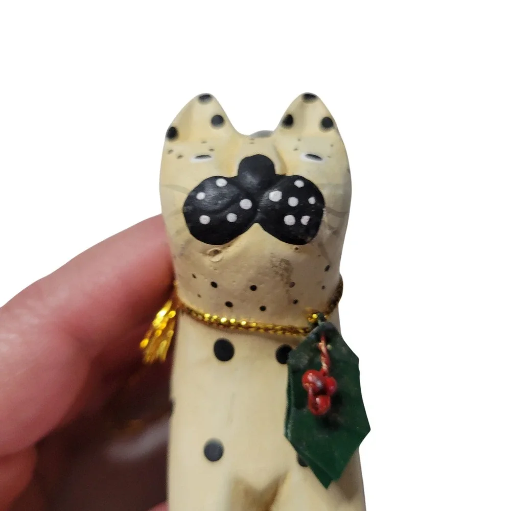 Vintage Hand Painted Wooden Cat Ornament Polka Dot Folk Art Christmas Holiday